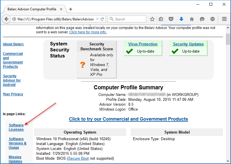 View Windows 10 product key Belarc advisor