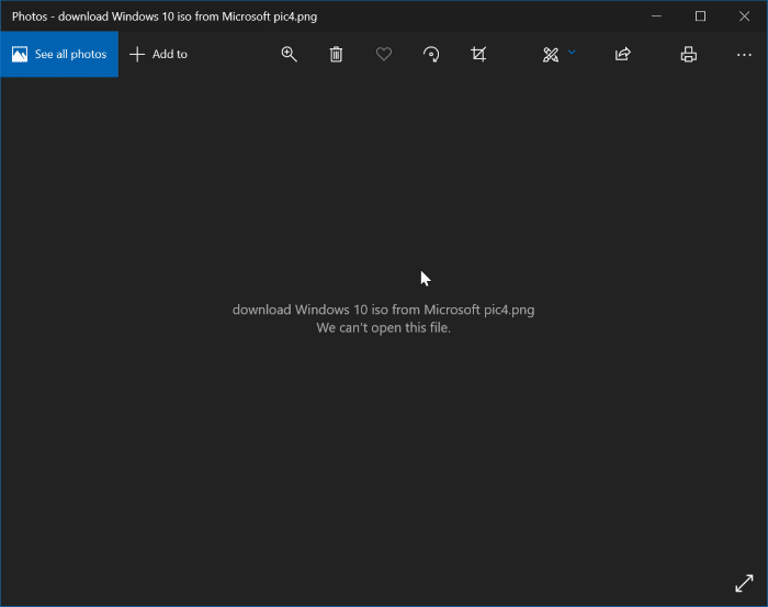 We can't open this file error in the Photos app in Windows 10