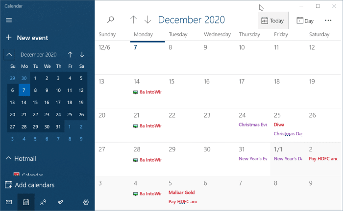 Windows 10 calendar