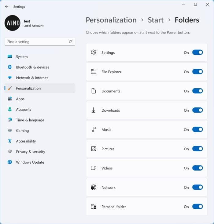add file explorer, documents and downloads to Start menu Windows 11 pic3