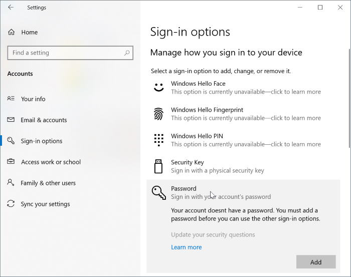 add password to local user account in Windows 10