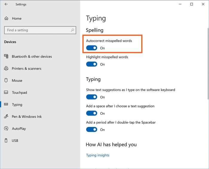auto correct misspelled words in Windows 10