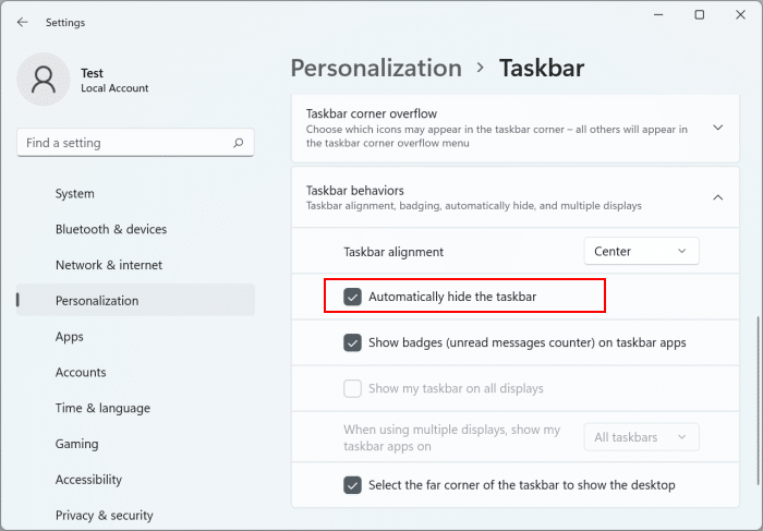 auto hide taskbar in Windows 11 pic5