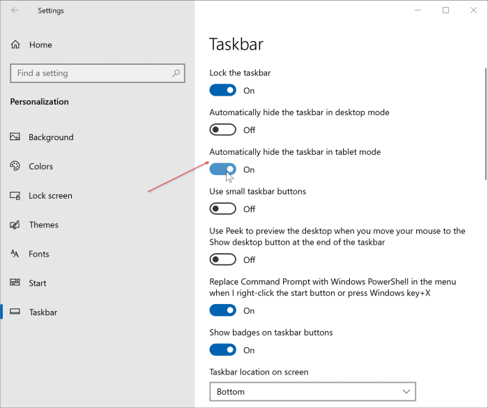 automatically hide the taskbar in tablet mode in Windows 10