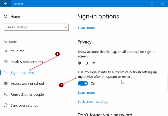automatically sign in to Windows 10 after restart