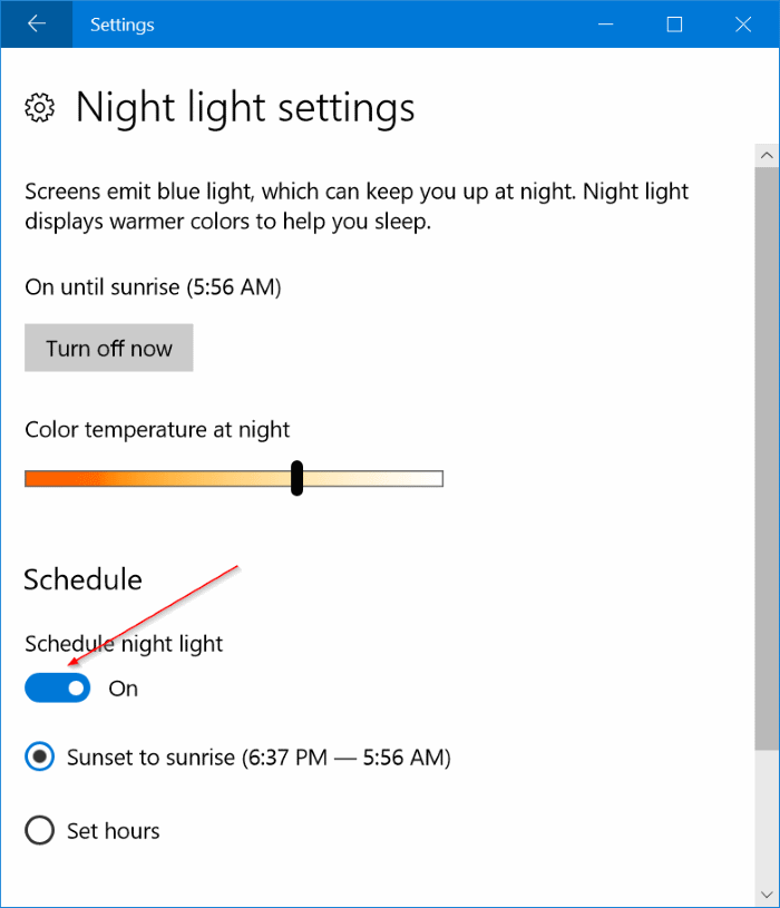 automatically turn on night light mode in Windows 10 pic5