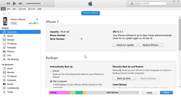 backup iPhone to external hard drive using iTunes Windows 10 pic01