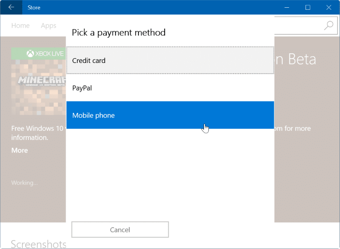 buy apps and games using mobile phone balance in Windows 10 step5