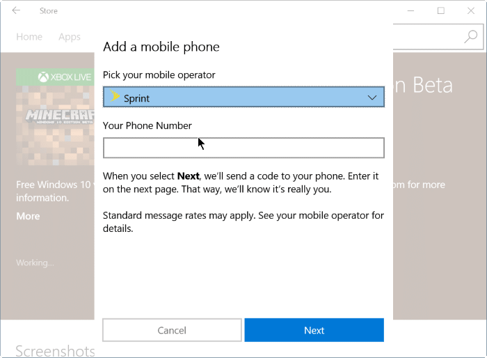 buy apps and games using mobile phone balance in Windows 10 step6