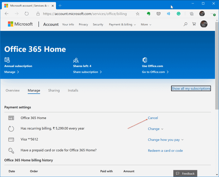 cancel office 365 subscription pic1