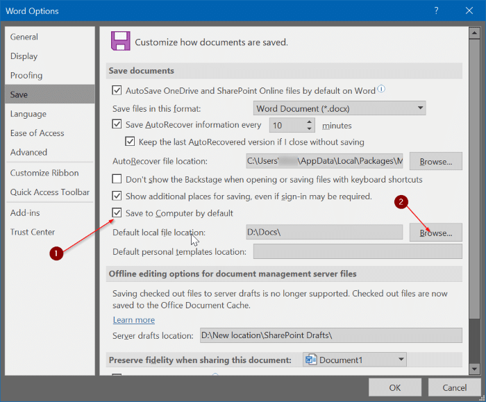 change Office 365 default saving location pic4