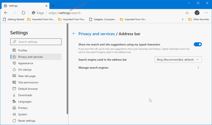 change edge new tab page search box engine pic2