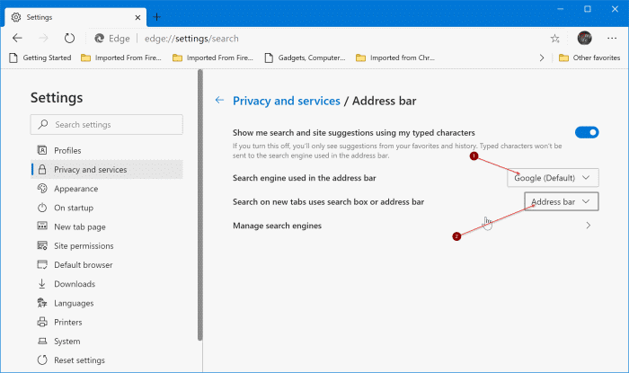change edge new tab page search box engine pic3