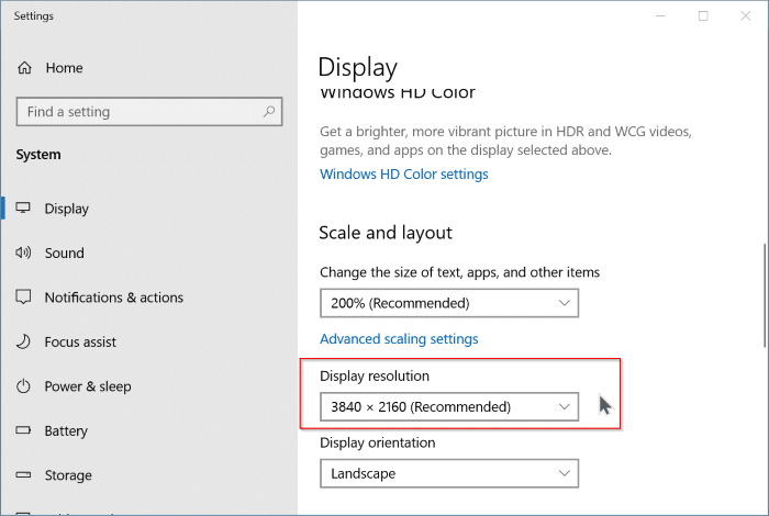 change external monitor screen resolution in Windows 10 pic3