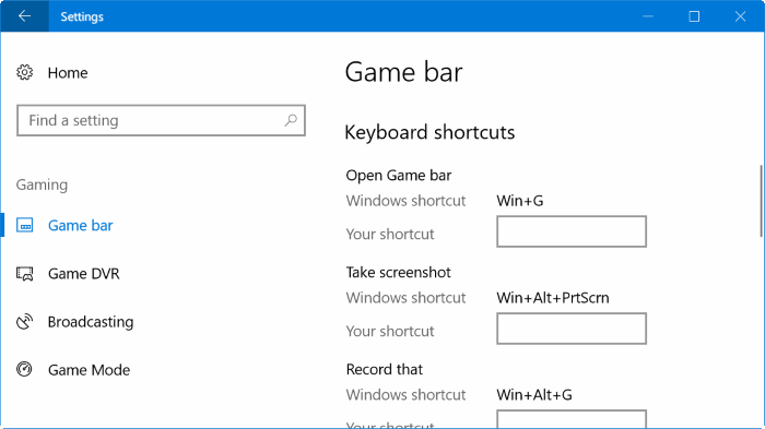 change game bar default keyboard shortcuts