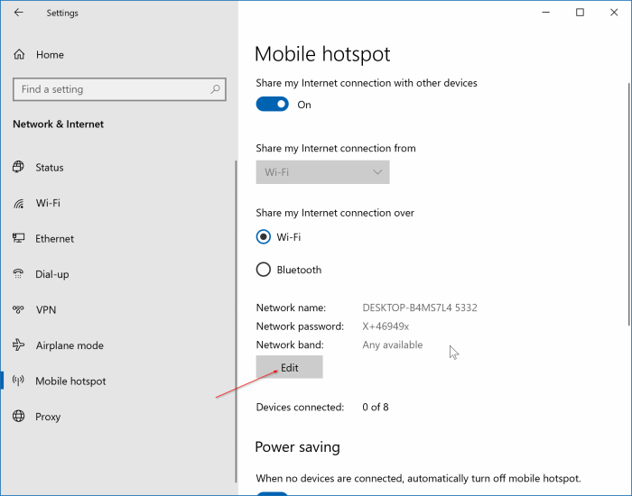 change mobile hotspot name and password Windows 10