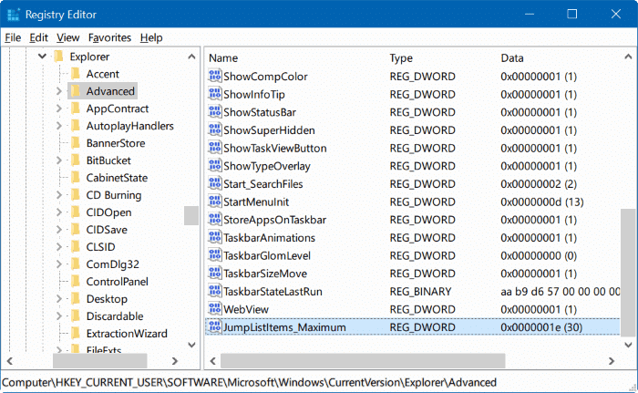 change number of items in taskbar jump lists Windows 10 step5