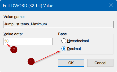 change number of items in taskbar jump lists Windows 10 step6