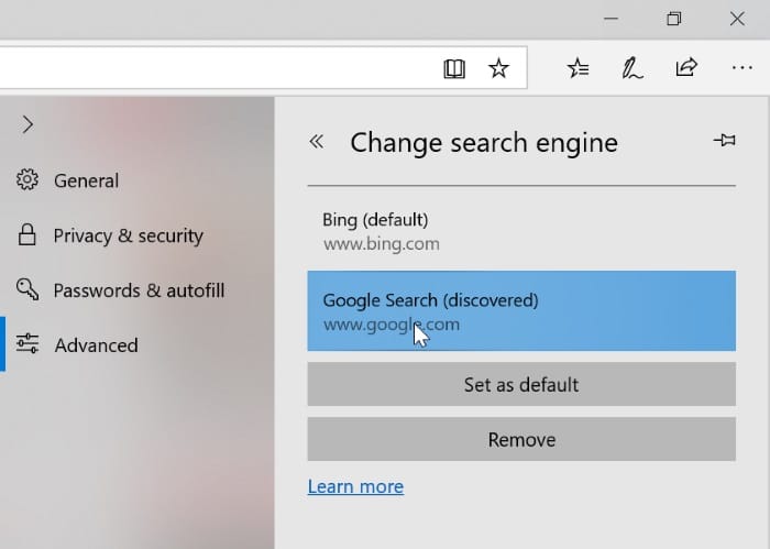 change the default search engine in Edge in Windows 10 pic2
