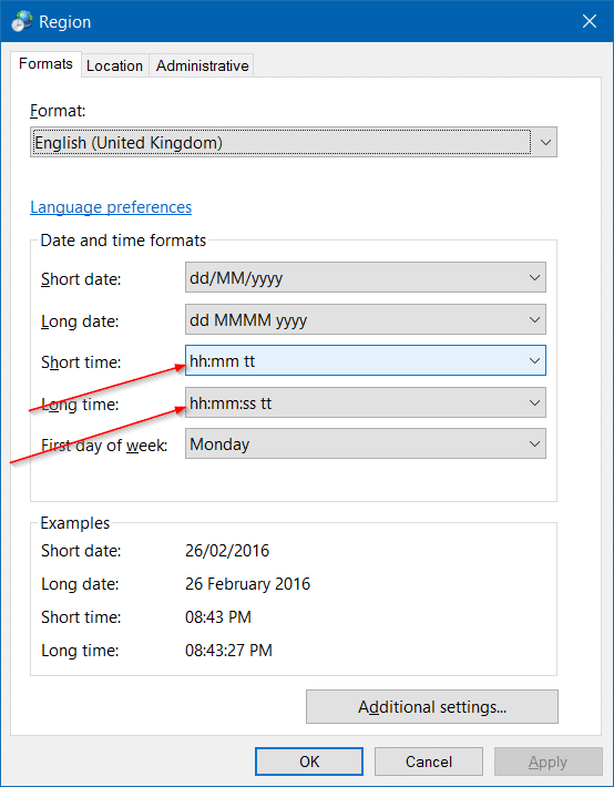 change the clock to 12 hour format in Windows 10 step7