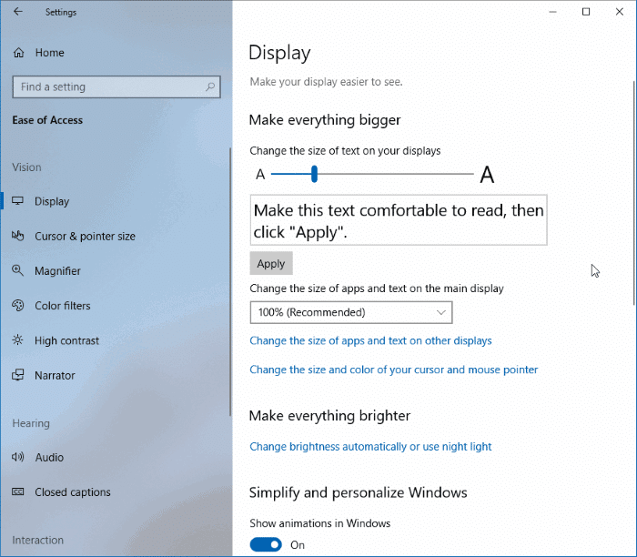 change the text size in windows 10