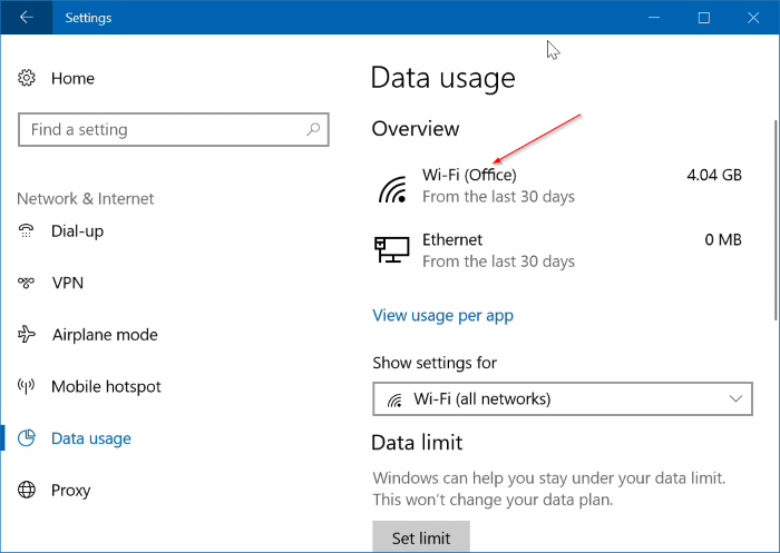 check data usage for specific networks in Windows 10 pic1