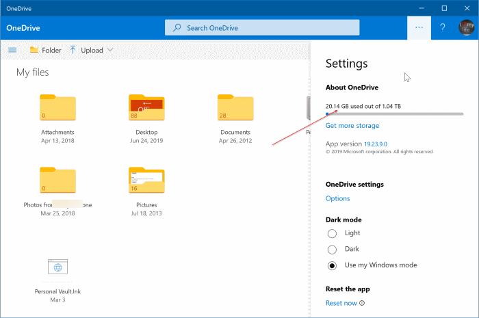 check onedrive storage space usage in Windows 10 pic5