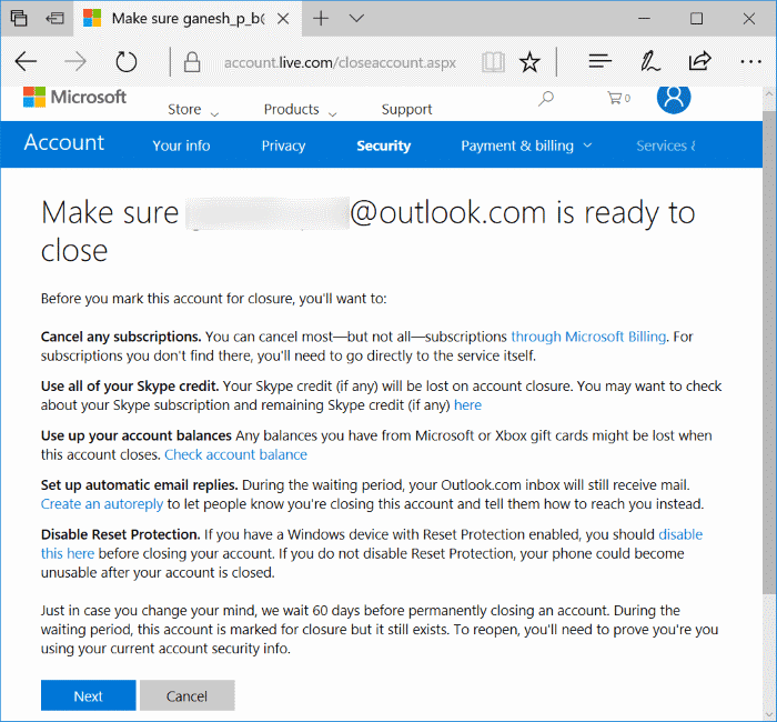 close and delete Microsoft account picture1