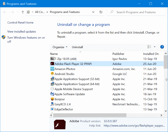 completely uninstall Adobe Flash Player from Windows 10 pic1