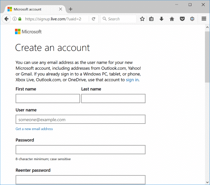 create a Microsoft account for Windows 10 pic1