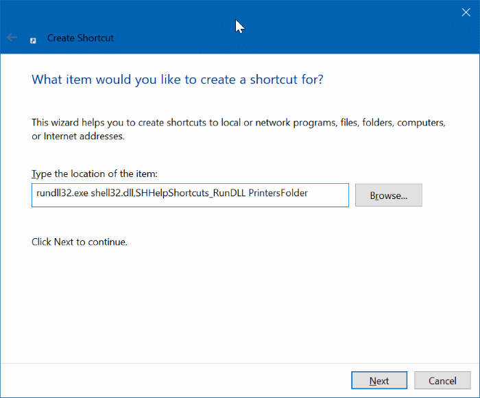 create desktop shortcut for printers folder in Windows 10 pic2