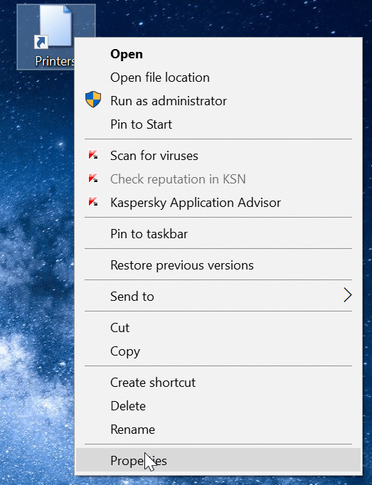 create desktop shortcut for printers folder in Windows 10 pic4