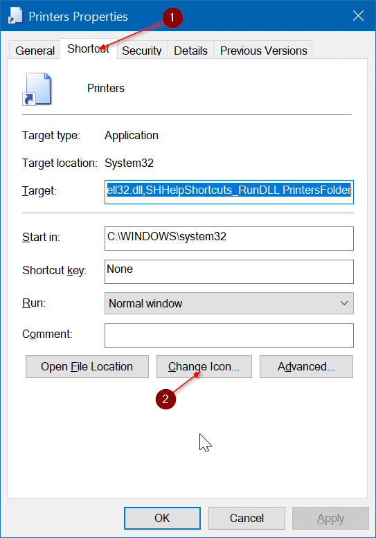 create desktop shortcut for printers folder in Windows 10 pic5