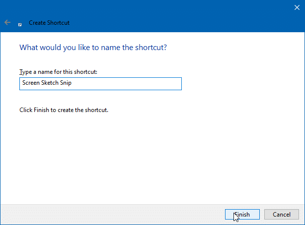 create screen sketch snip desktop shortcut in Windows 10 pi3
