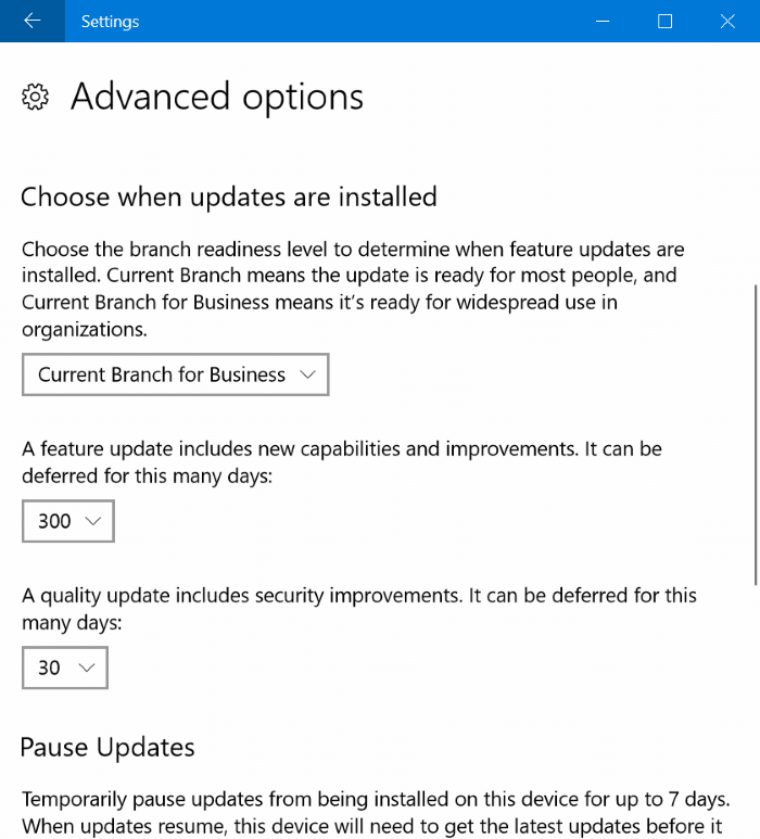 delay or defer updates in Windows 10 up to 365 days