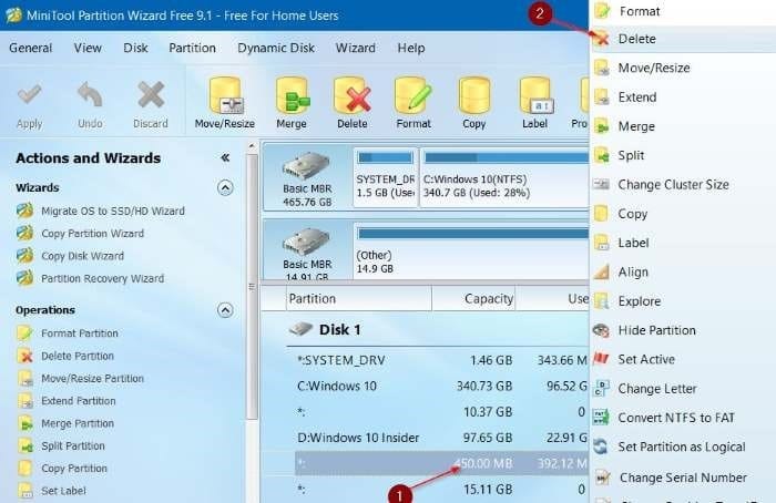 delete 450 MB recovery partition in Windows 10 pic5