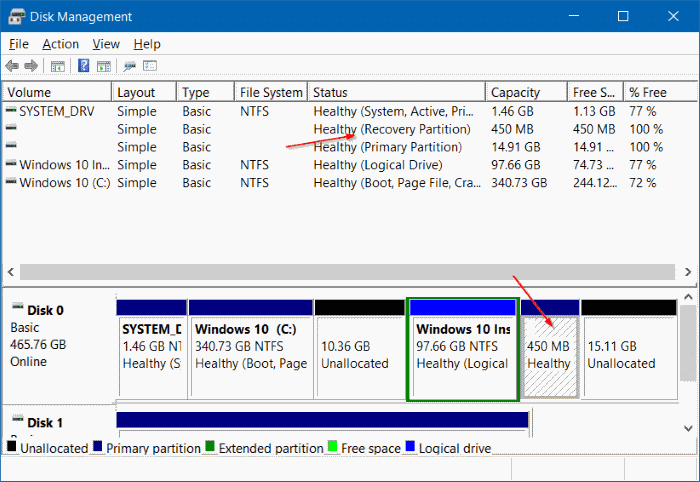 delete 450 MB recovery partition in Windows 10