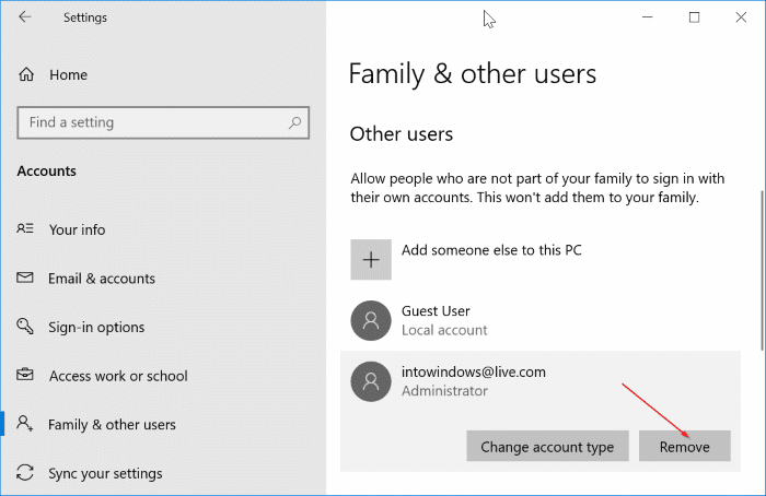 delete a Microsoft account from Windows 10 pic1