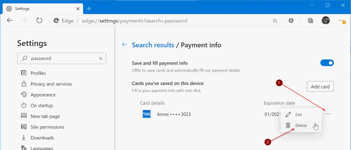 delete credit card information from Edge pic1