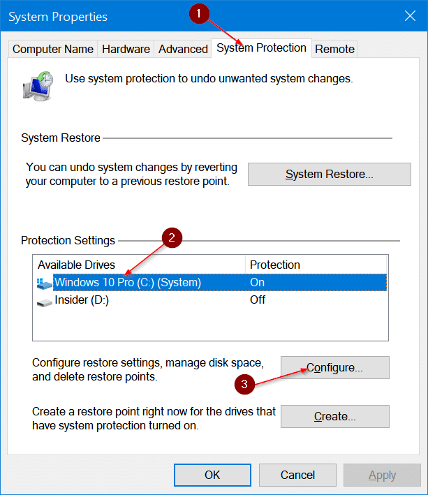 delete restore points in Windows 10 pic2