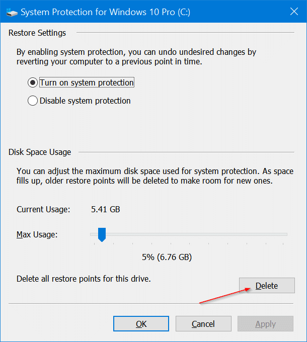 delete restore points in Windows 10 pic3