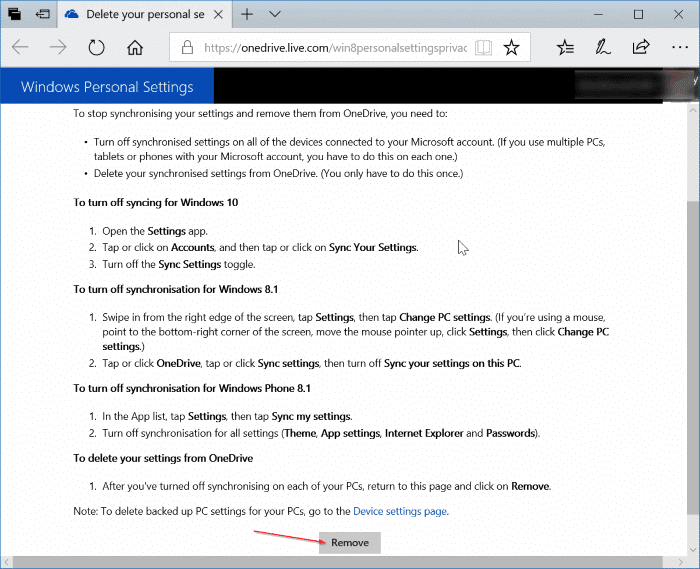 delete sync settings from microsoft account in windows 10 pic2