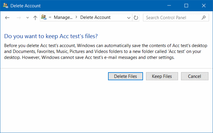 delete user account in Windows 10 step10