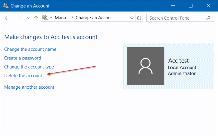 delete user account in Windows 10 step9