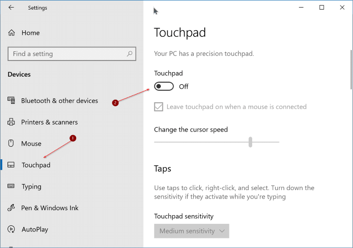 disable the touchpad in Windows 10
