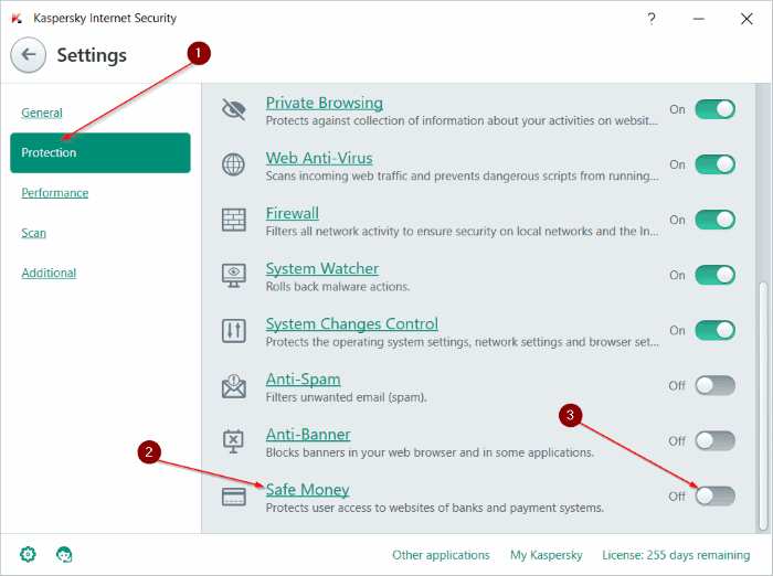 disable Kaspersky safe money step3