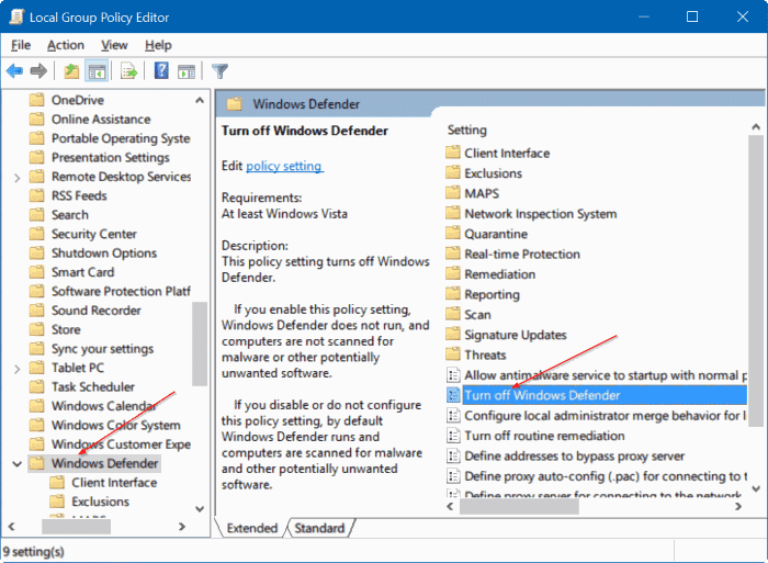 disable Windows defender in Windows 10 via registry or group policy step1