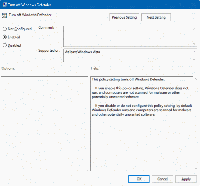 disable Windows defender in Windows 10 via registry or group policy step2