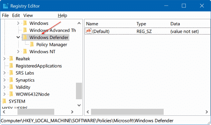 disable Windows defender in Windows 10 via registry or group policy step3