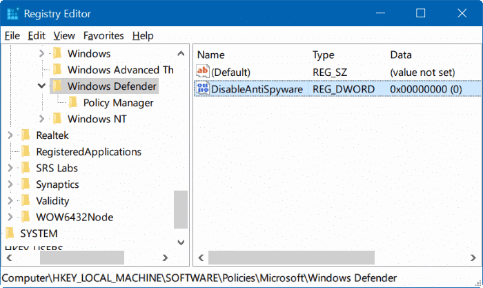 disable Windows defender in Windows 10 via registry or group policy step5